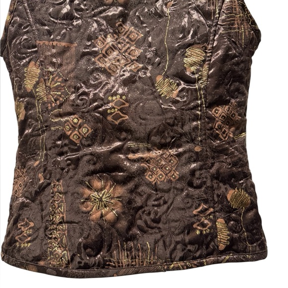 Chico’s Jacquard Quilted Vest Brown Metallic Pattern Zip Front Size 0 XS - Picture 7 of 14